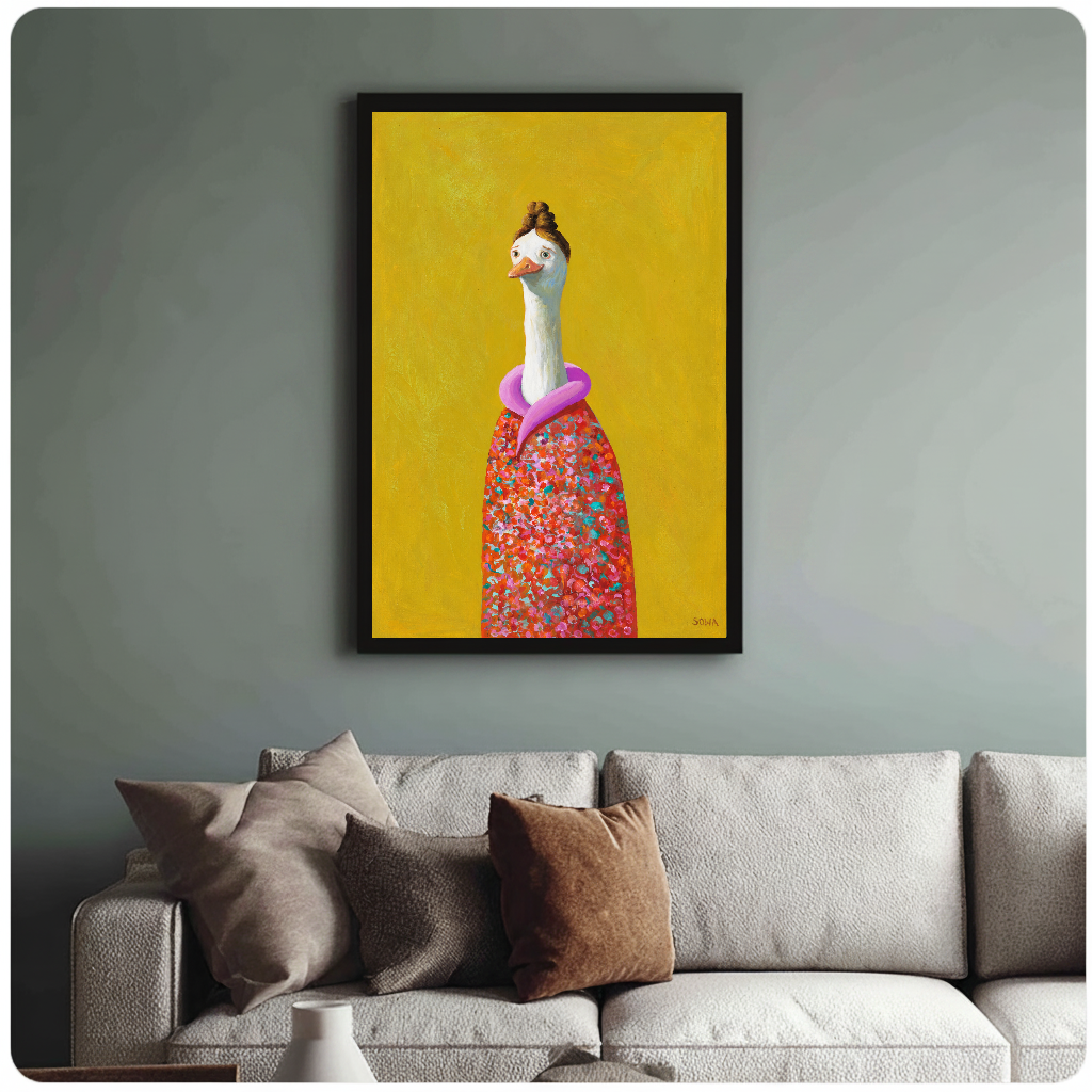 Framed floral goose wall artwork displayed above a neutral sofa with soft cushions.