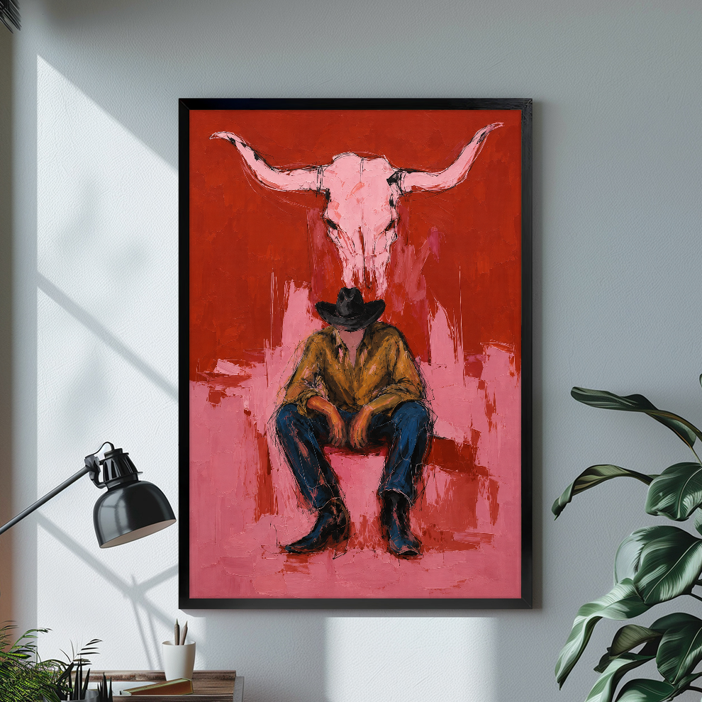 Black framed pink longhorn and cowboy canvas artwork displayed on a gray wall in a neutral room.
