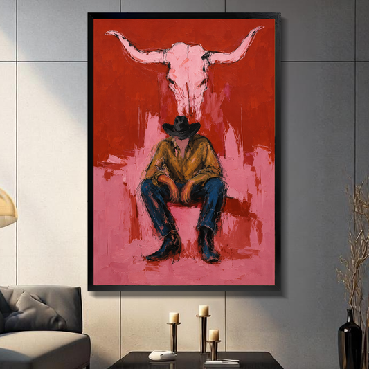 W10046 Pink Longhorn Cowboy Canvas Art — Framed canvas; warm gray living room
