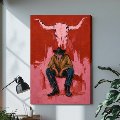 Stretched canvas pink longhorn and cowboy artwork with visible side depth against a gray wall.