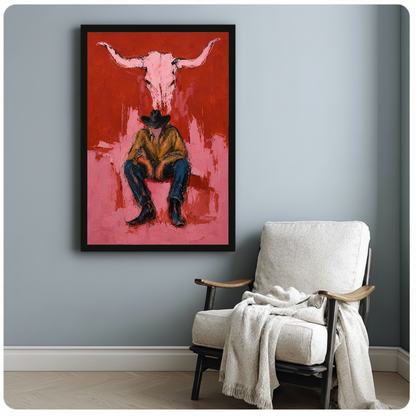 Framed pink longhorn and cowboy canvas art displayed beside a reading chair with a soft blanket.