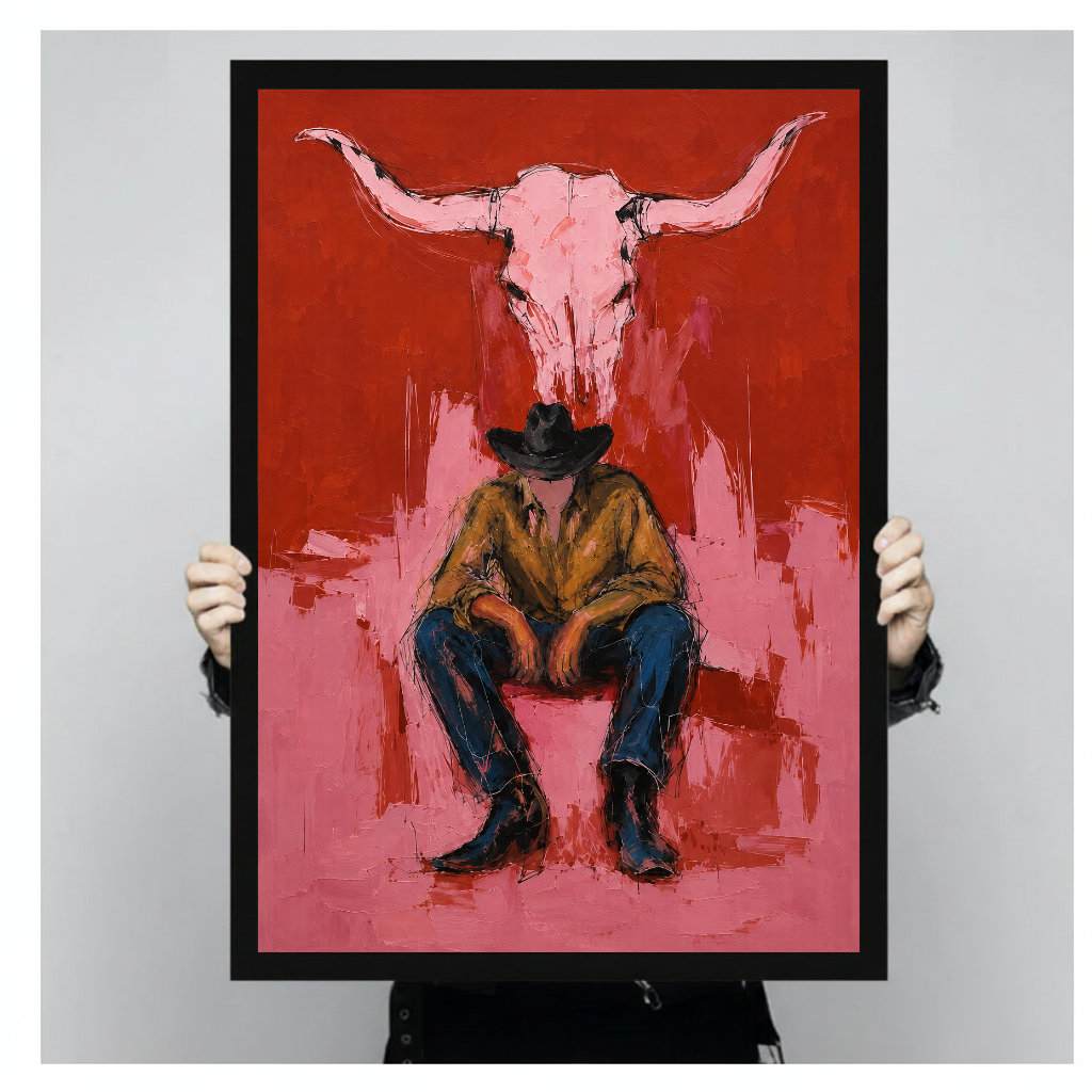 A person holds framed pink longhorn and cowboy canvas artwork to show its portrait shape.