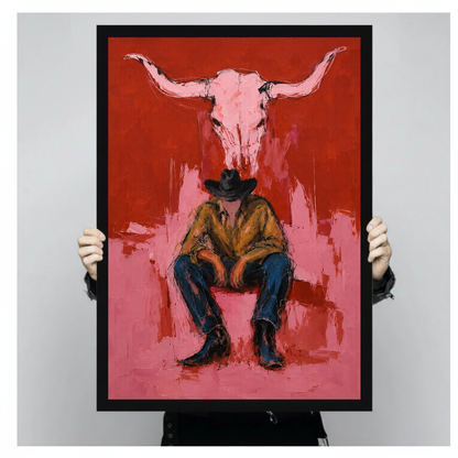 A person holds framed pink longhorn and cowboy canvas artwork to show its portrait shape.