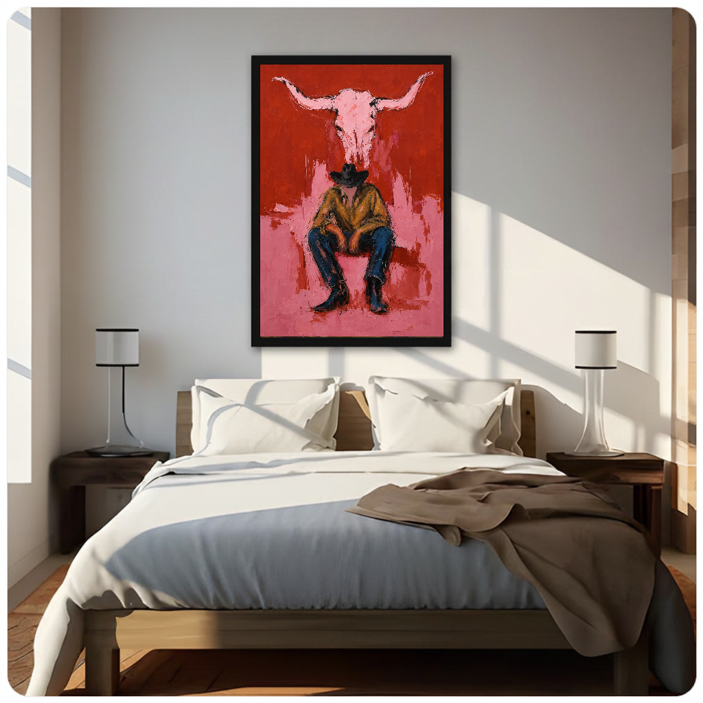 Portrait pink longhorn and cowboy canvas artwork above a bed in a softly lit bedroom.