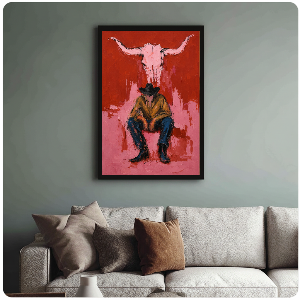 Framed pink longhorn and cowboy wall art displayed above a neutral sofa with soft cushions.