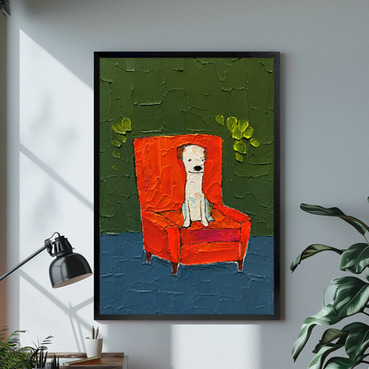 Black framed white puppy in red chair canvas artwork displayed on a gray wall in a neutral room.