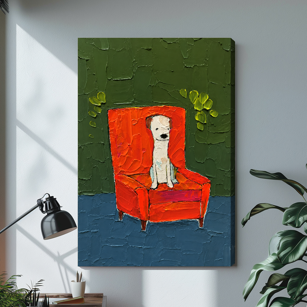 Stretched canvas white puppy in red chair artwork with visible side depth against a gray wall.
