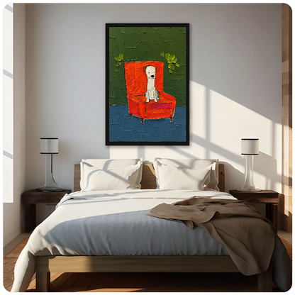 Portrait white puppy in red chair canvas artwork above a bed in a softly lit bedroom.