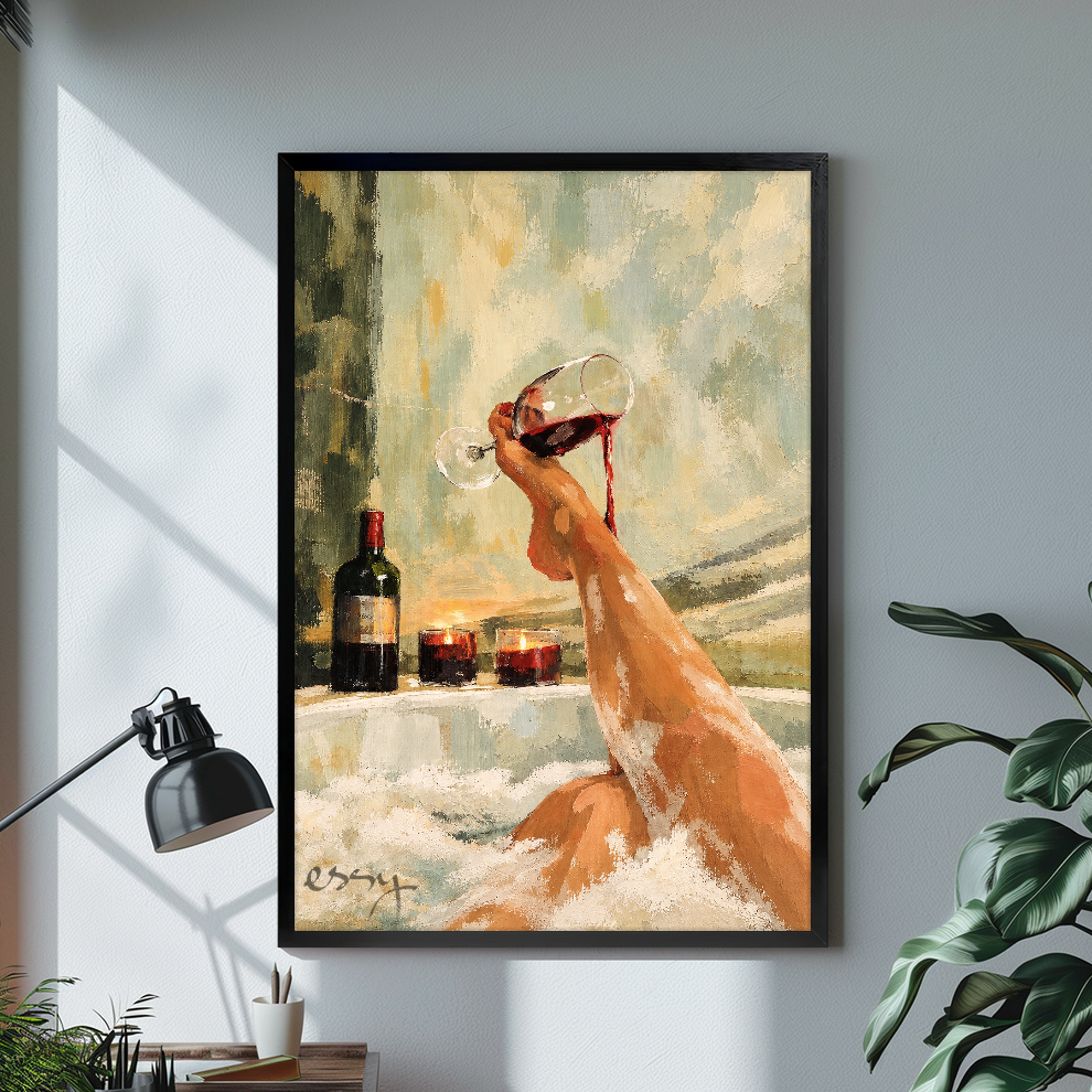 Black framed bathtub wine canvas artwork displayed in a neutral interior with visible frame depth.