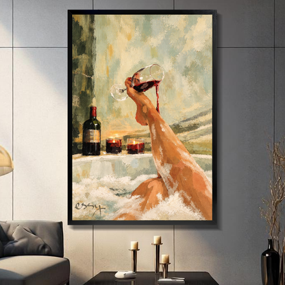 Black framed bathtub wine canvas artwork displayed in a neutral interior with visible frame depth.