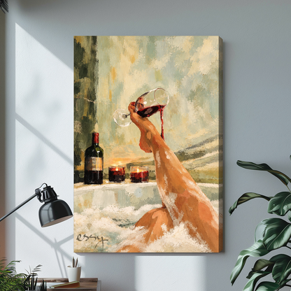 Stretched bathtub wine canvas artwork displayed with continuous wrapped edges and soft side shadows.