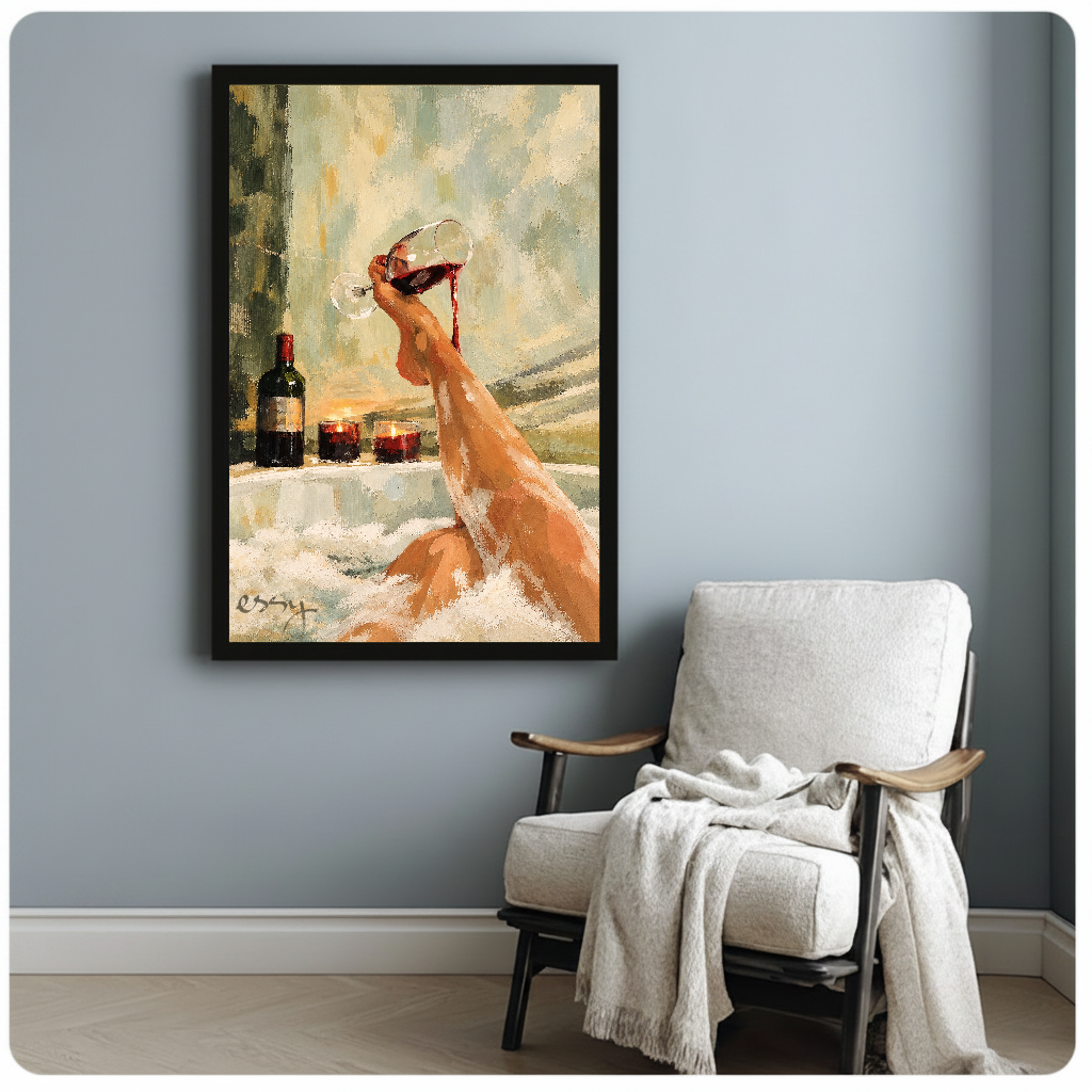 Framed bathtub wine canvas artwork displayed beside a reading chair with a soft blanket.