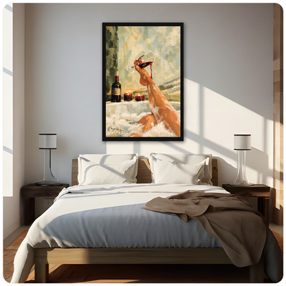 Portrait bathtub wine canvas artwork displayed above a bed in a softly lit bedroom.