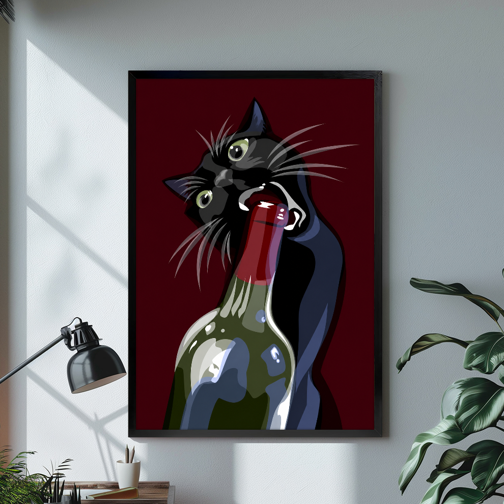 Black framed wine cat canvas artwork displayed in a neutral interior with visible frame depth.