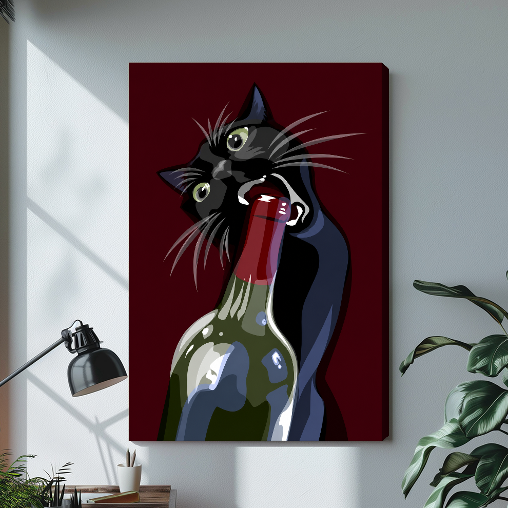Stretched wine cat canvas artwork displayed with continuous wrapped edges and soft side shadows.