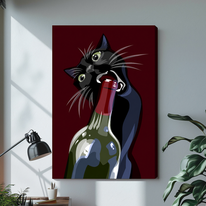 Stretched wine cat canvas artwork displayed with continuous wrapped edges and soft side shadows.