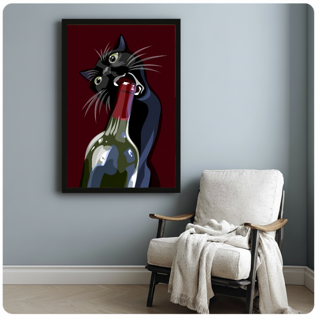 Framed wine cat canvas artwork displayed beside a reading chair with a soft blanket.