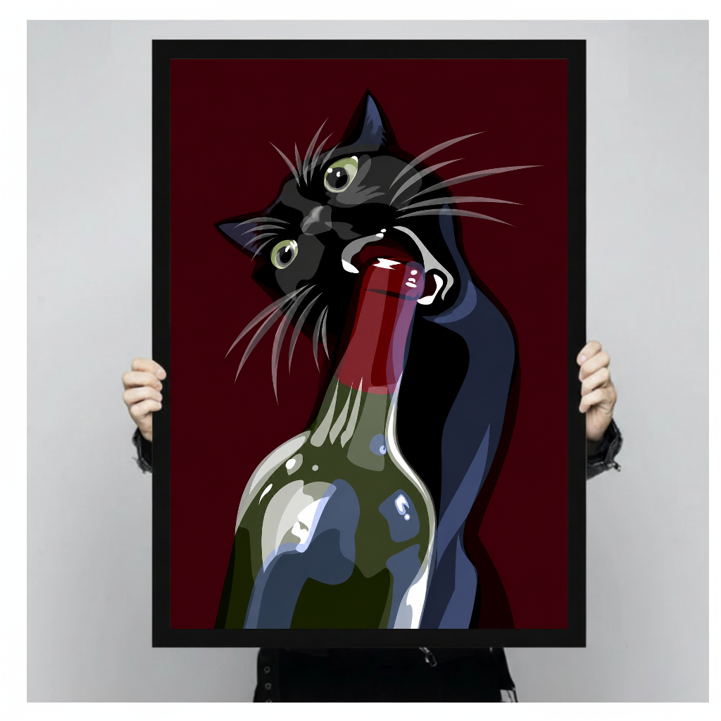 A person holds framed wine cat canvas artwork to demonstrate its portrait proportions.