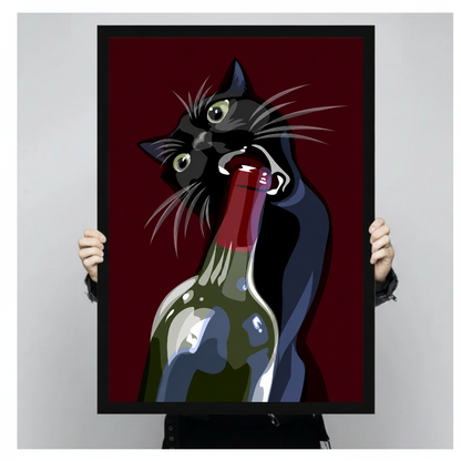 A person holds framed wine cat canvas artwork to demonstrate its portrait proportions.