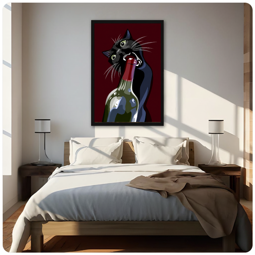 Portrait wine cat canvas artwork displayed above a bed in a softly lit bedroom.