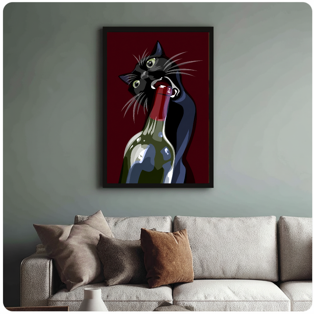 Framed wine cat wall artwork displayed above a neutral sofa with soft cushions.