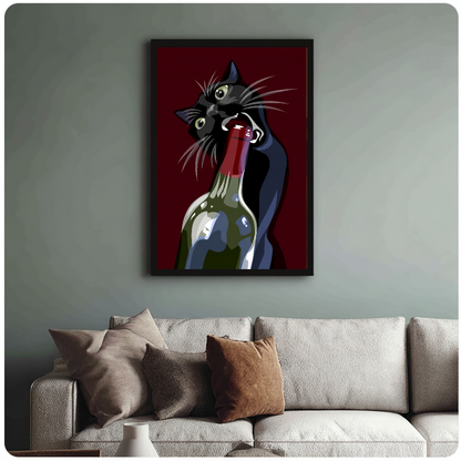 Framed wine cat wall artwork displayed above a neutral sofa with soft cushions.