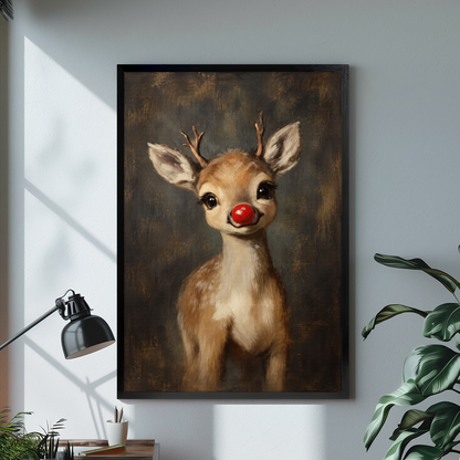 Black framed little red nose reindeer canvas artwork displayed on a gray wall in a neutral room.