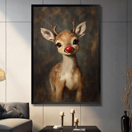 W10050 Little Red Nose Reindeer Canvas Art — Framed canvas; warm gray living room