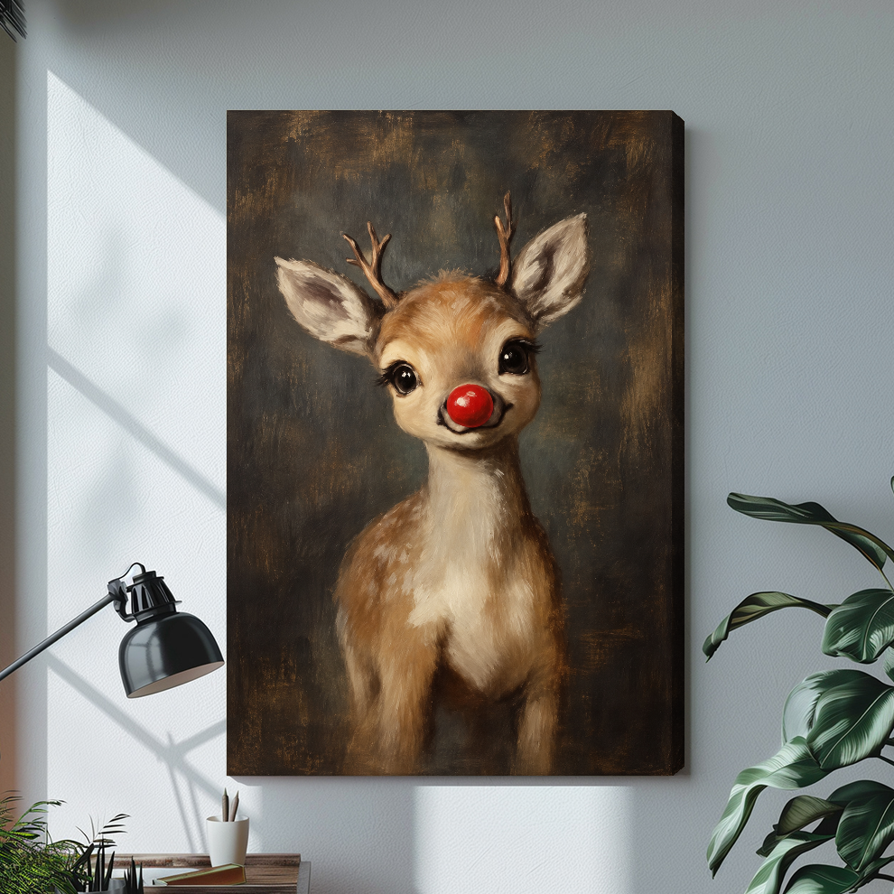 Stretched canvas little red nose reindeer artwork with visible side depth against a gray wall.