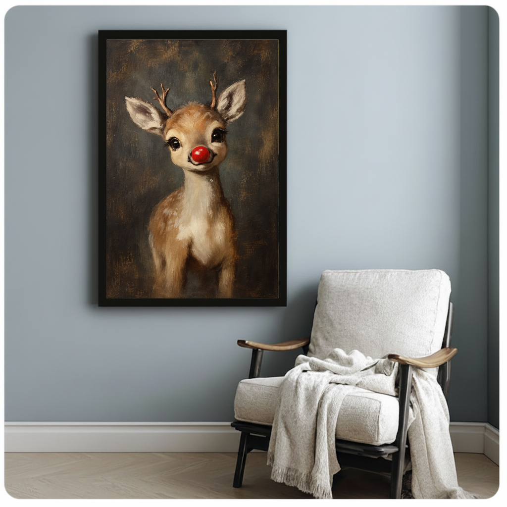 Framed little red nose reindeer canvas art displayed beside a reading chair with a soft blanket.