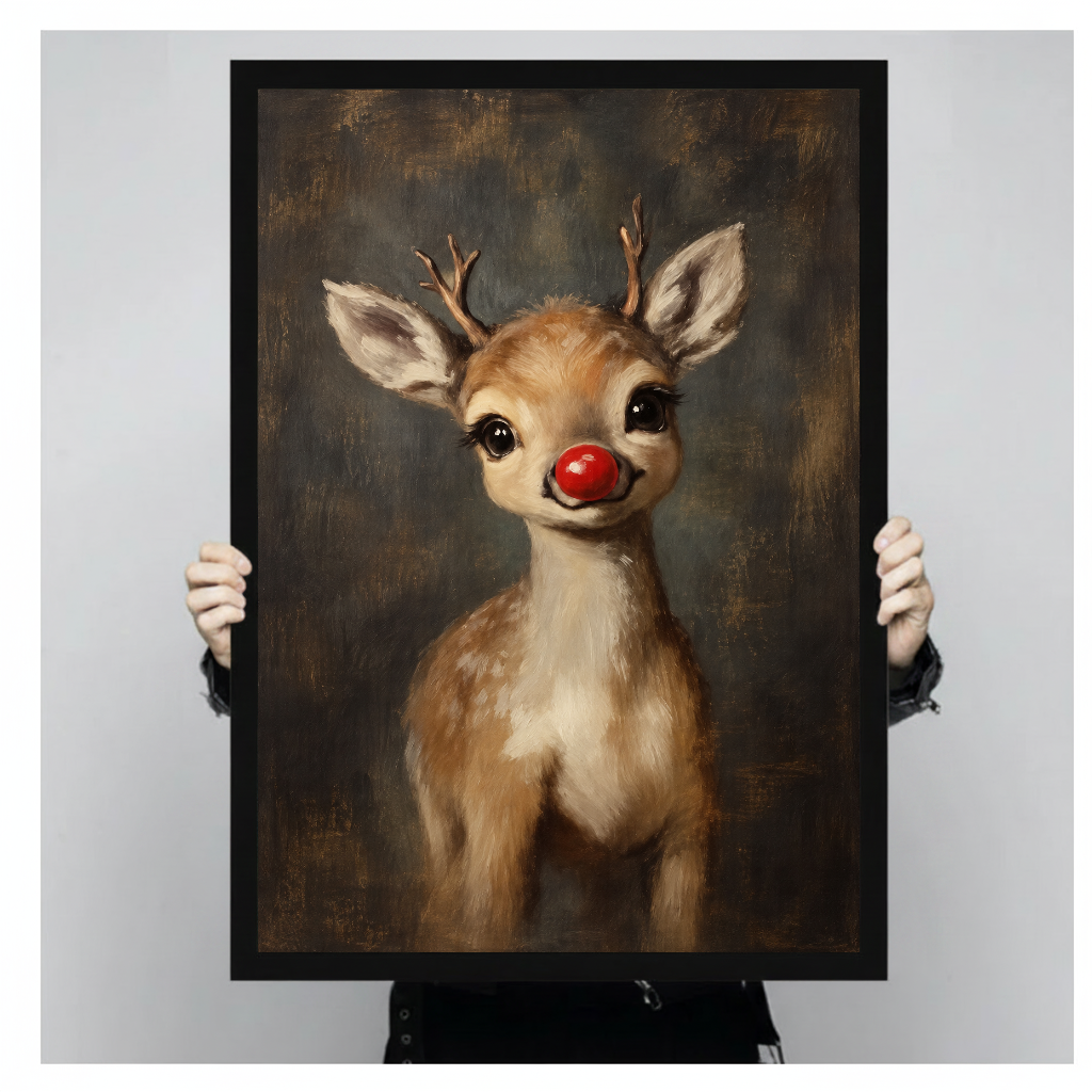A person holds framed little red nose reindeer canvas artwork to show its portrait shape.