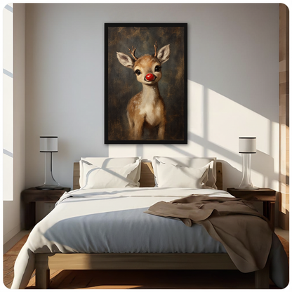 Portrait little red nose reindeer canvas artwork above a bed in a softly lit bedroom.