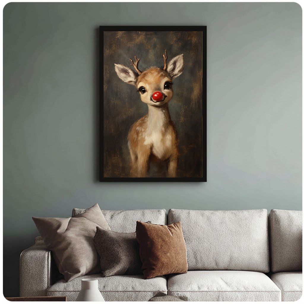 Framed little red nose reindeer wall art displayed above a neutral sofa with soft cushions.