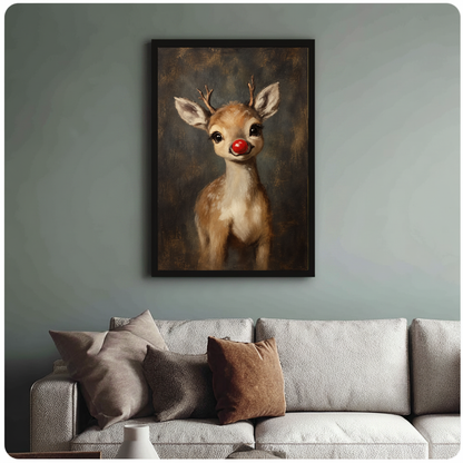 Framed little red nose reindeer wall art displayed above a neutral sofa with soft cushions.