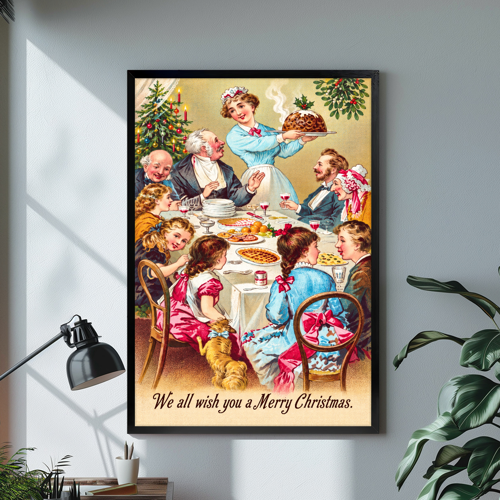 Black framed Christmas dinner canvas artwork displayed in a neutral interior with visible frame depth.