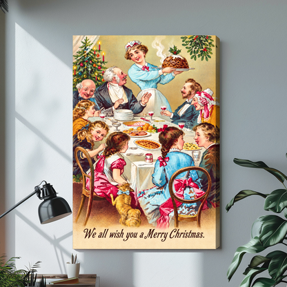 Stretched Christmas dinner canvas artwork displayed with continuous wrapped edges and soft side shadows.
