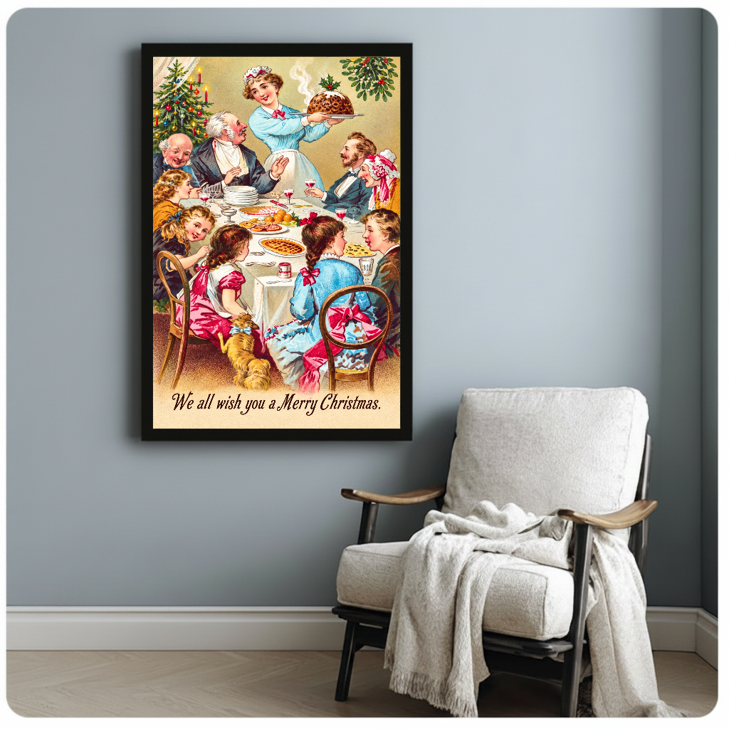 Framed Christmas dinner canvas artwork displayed beside a reading chair with a soft blanket.