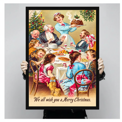 A person holds framed Christmas dinner canvas artwork to demonstrate its portrait proportions.