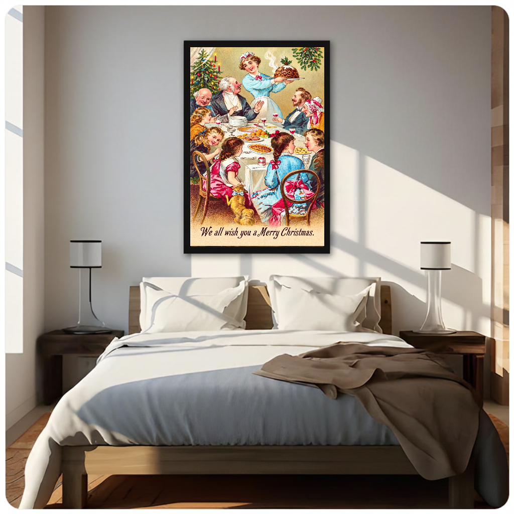 Portrait Christmas dinner canvas artwork displayed above a bed in a softly lit bedroom.