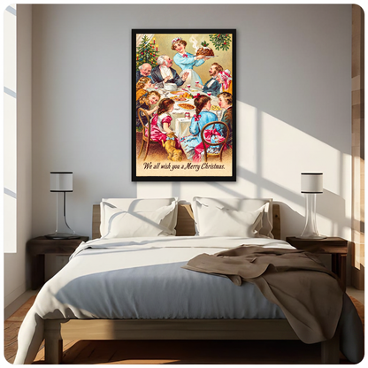 Portrait Christmas dinner canvas artwork displayed above a bed in a softly lit bedroom.