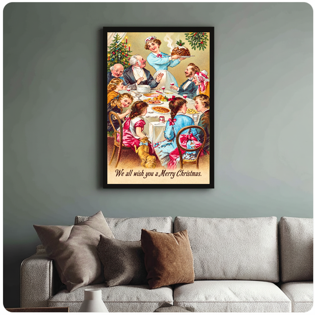 Framed Christmas dinner wall artwork displayed above a neutral sofa with soft cushions.