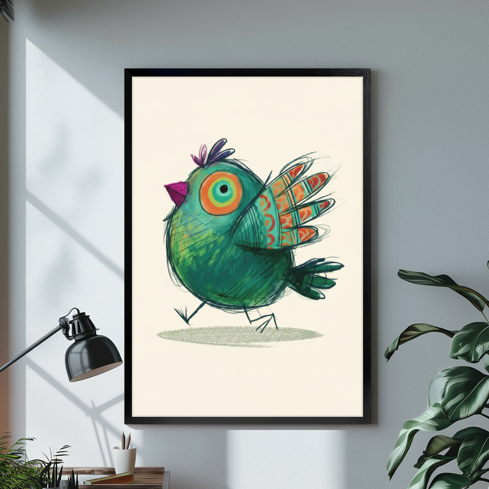 Black framed green bird canvas artwork on a light wall beside a desk lamp and plants.