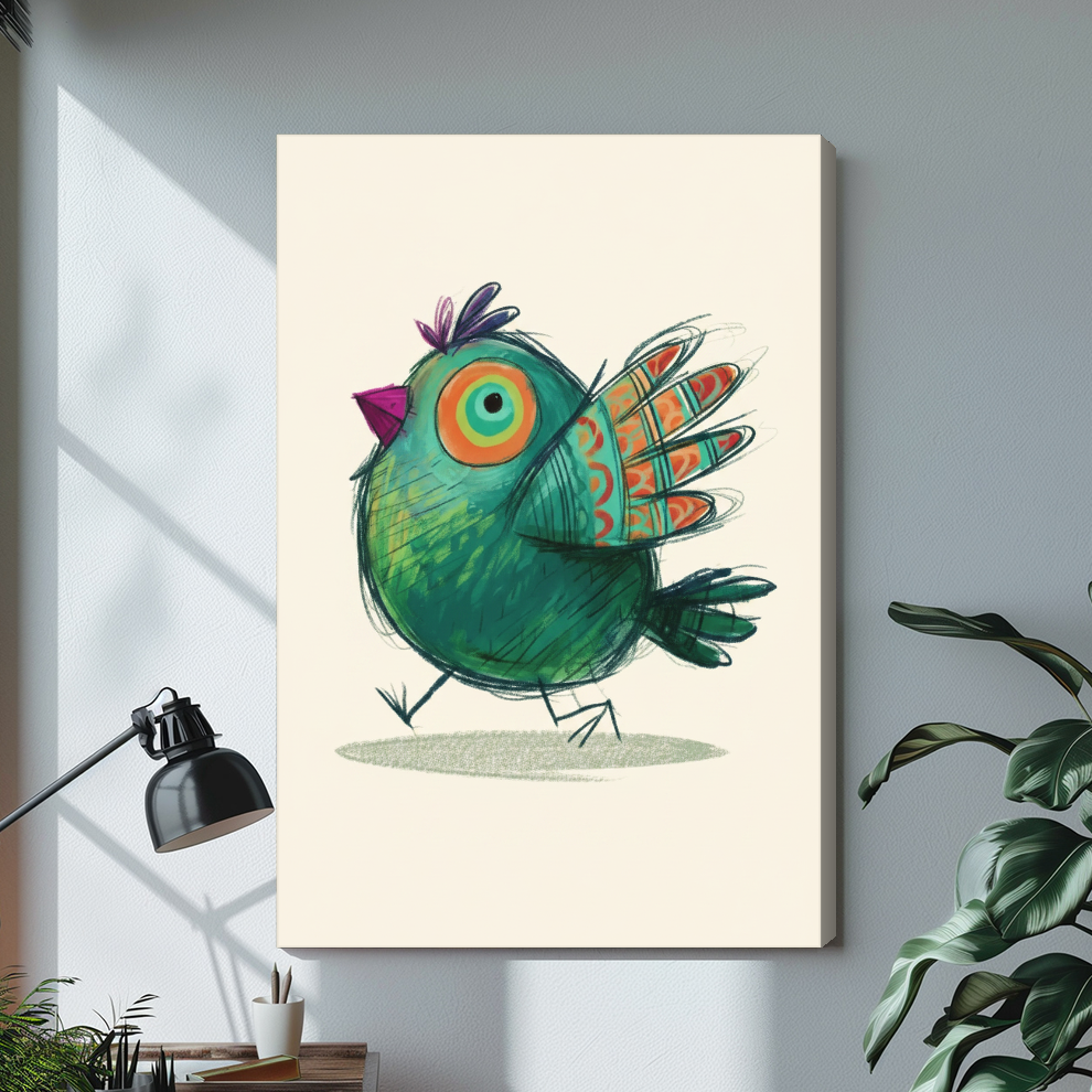 Stretched canvas green bird illustration with visible side depth in a sunlit home workspace.