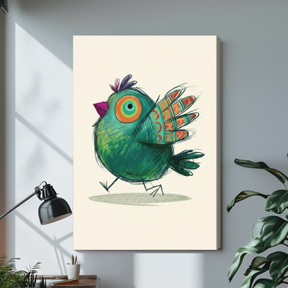 Stretched canvas green bird illustration with visible side depth in a sunlit home workspace.