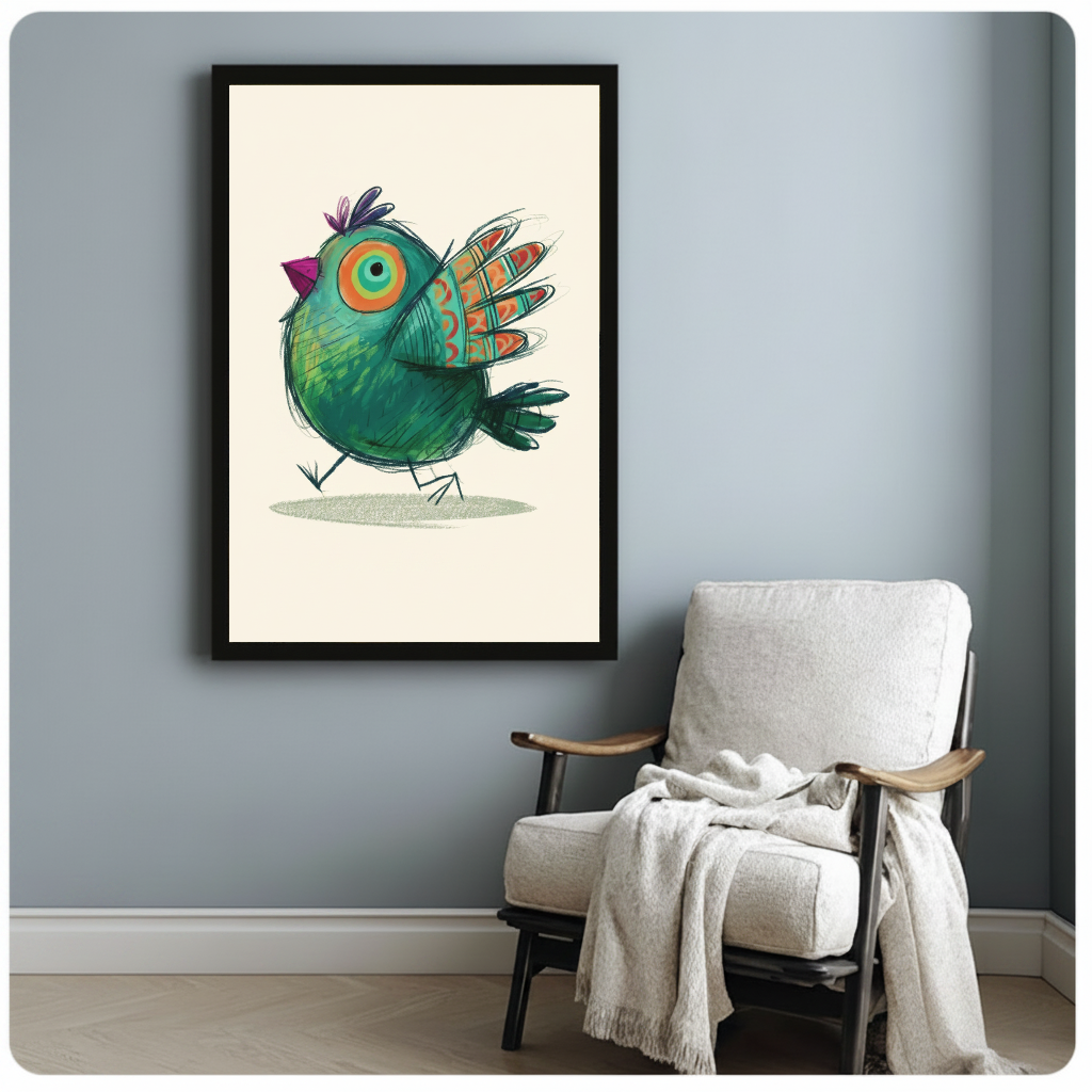 Whimsical green bird wall art in a black frame beside a cozy reading chair.