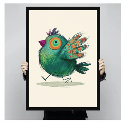 A person holds the framed green bird illustration showing its portrait shape and colorful details.