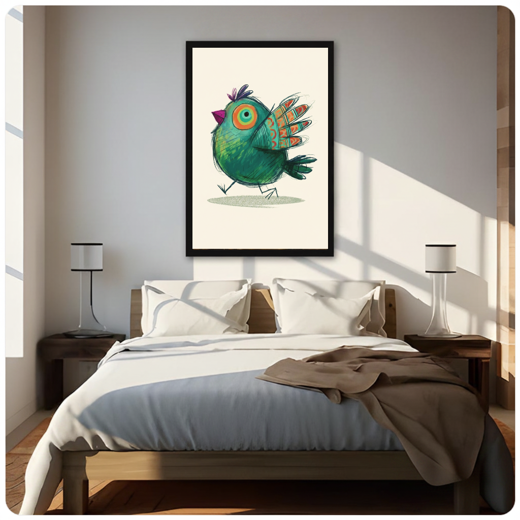 Colorful green bird canvas art displayed above a bed in a softly lit bedroom.