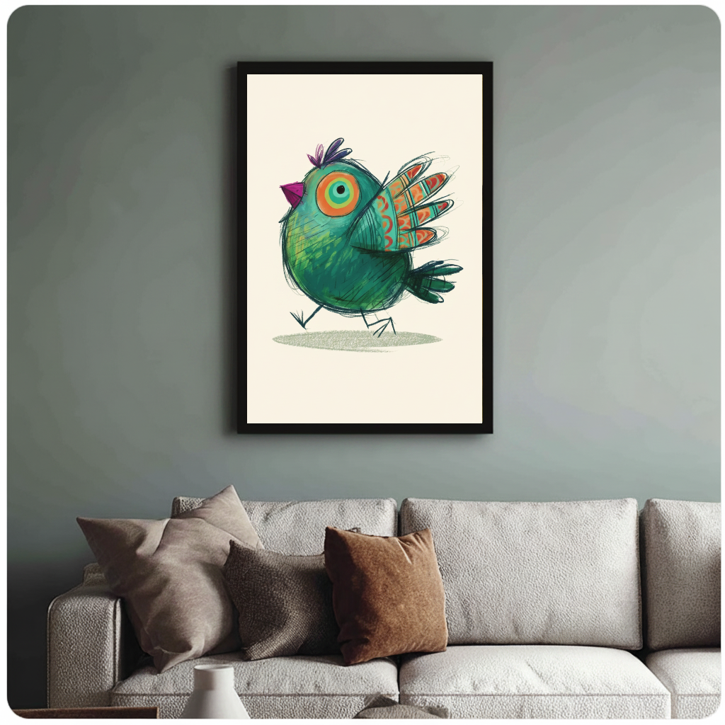 Framed green bird artwork hangs above a neutral sofa against a muted green wall.