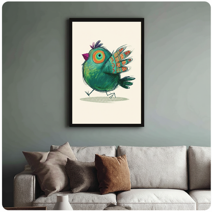 Framed green bird artwork hangs above a neutral sofa against a muted green wall.