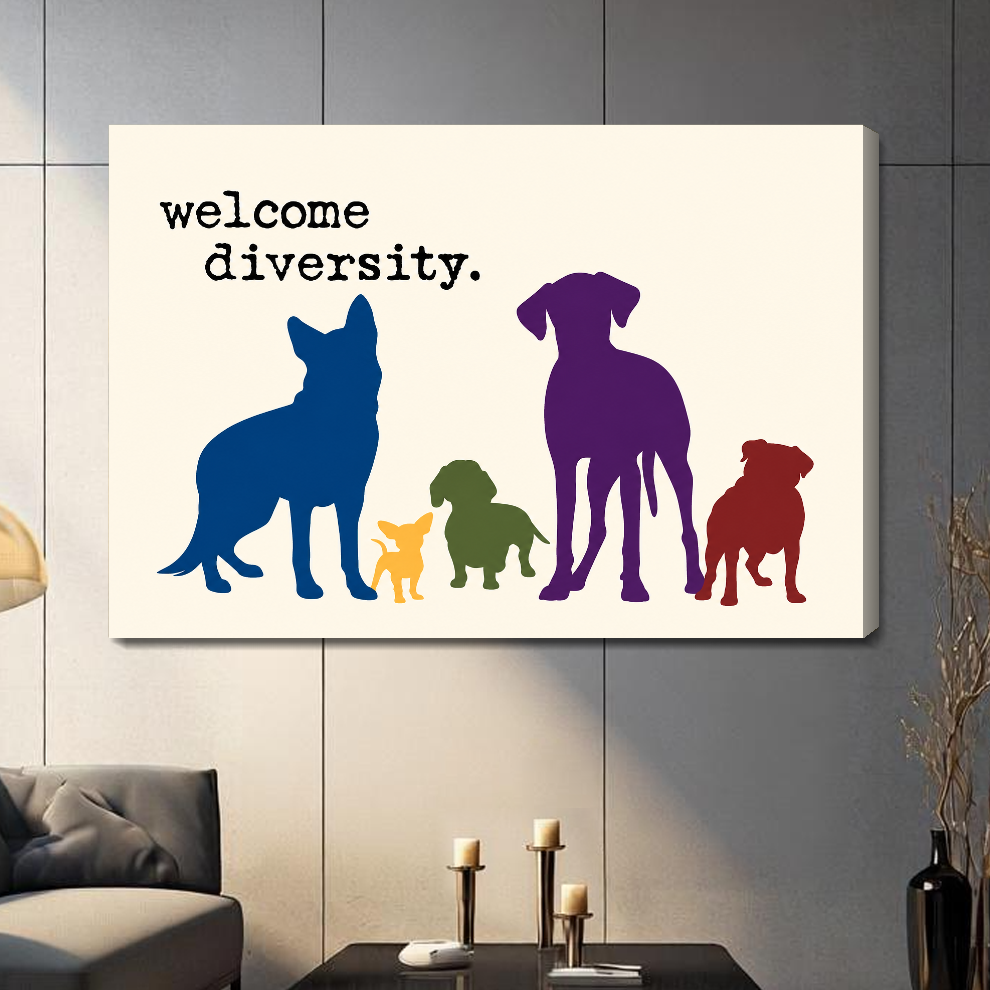Stretched canvas colorful welcome diversity dogs artwork with visible side depth against a gray wall.